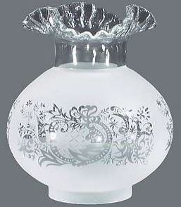 Handcrafted frosted glass oil lamp chimney with ruffled top and intricate feather motif, designed for use with 22-inch Princess Feather Oil Lamps, ideal for Lamps & Lighting, Oil Lamps, Table Lamps, Best Sellers, and Promo Eligible collections.
