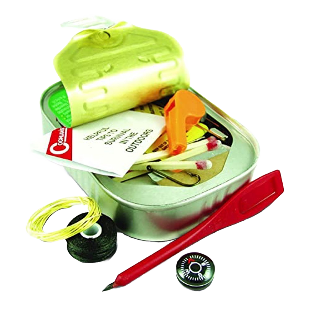 Compact survival kit in a reusable metal can containing waterproof matches, fishing line, compass, fire starter, razor, and multi-use cord, ideal for Farm, Garden & Tool and Emergency Supplies collections.