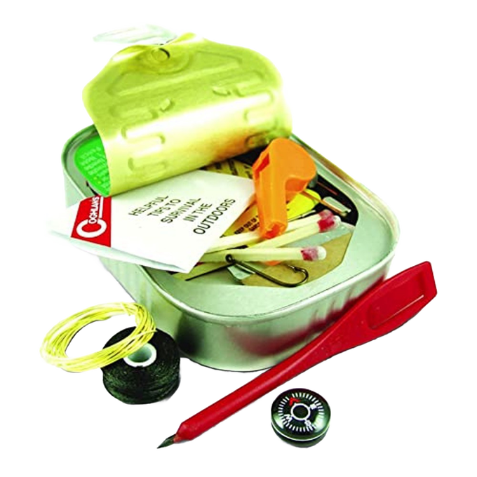 Compact survival kit in a reusable metal can containing waterproof matches, fishing line, compass, fire starter, razor, and multi-use cord, ideal for Farm, Garden & Tool and Emergency Supplies collections.