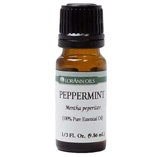 Amber glass bottle with black cap containing pure Peppermint essential oil, handcrafted and quality tested for aromatherapy, Health & Wellness, soapmaking, and candlemaking uses.