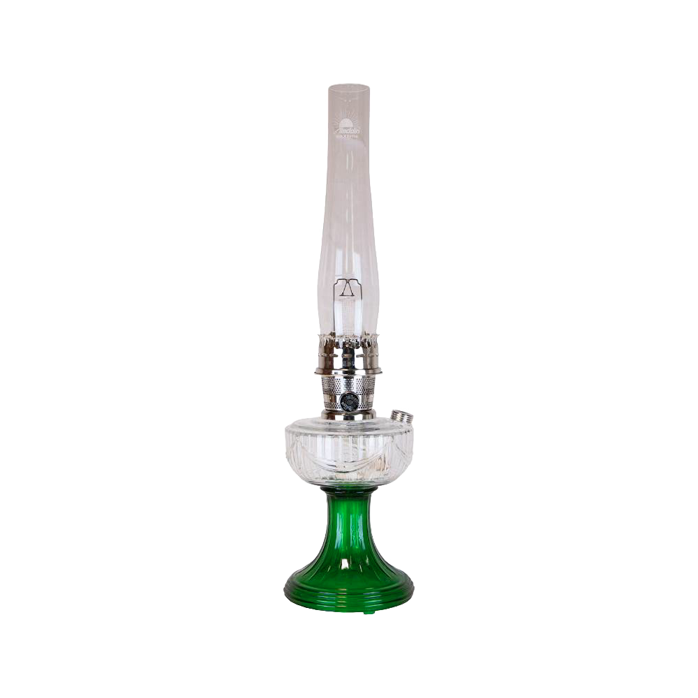 Handcrafted oil lamp featuring a clear glass chimney atop a unique emerald green glass base with a sweeping Lincoln drape font, ideal for Lamps & Lighting, Oil Lamps, and Table Lamps collections.