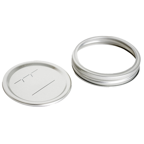 Wide-mouth metal canning lid and silver screw band with BPA-free sealing compound, designed for Kitchen & Food, Food Preservation, Canning, and Best Sellers collections.