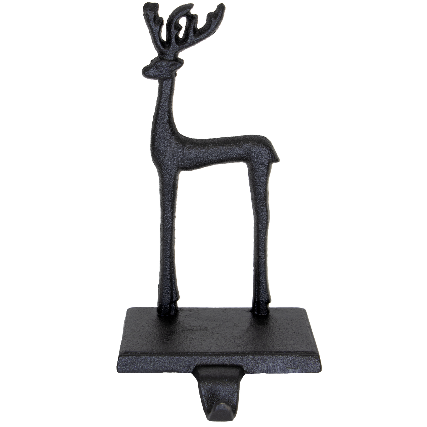 Handcrafted black iron deer stocking holder with a sturdy rectangular base and stylized antlers, perfect for Home & Decor, Holiday Decor, Best Sellers, and Promo Eligible collections.