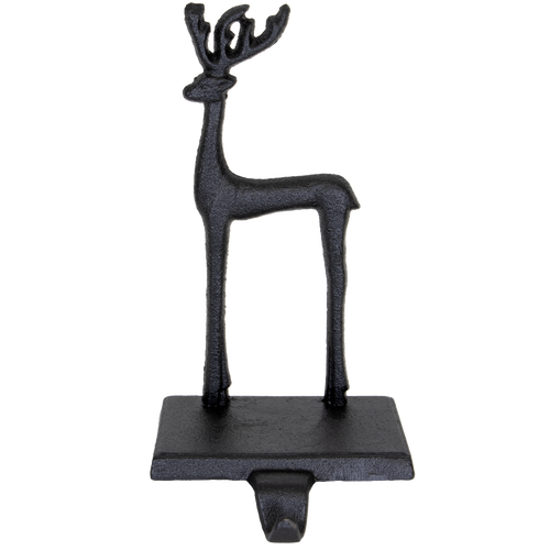 Handcrafted black iron deer stocking holder with a sturdy rectangular base and stylized antlers, perfect for Home & Decor, Holiday Decor, Best Sellers, and Promo Eligible collections.