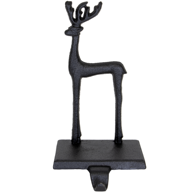 Handcrafted black iron deer stocking holder with a sturdy rectangular base and stylized antlers, perfect for Home & Decor, Holiday Decor, Best Sellers, and Promo Eligible collections.