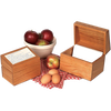 Handcrafted solid oak recipe box with smooth protective finish, showcasing handwritten recipe cards beside a ceramic bowl of apples and fresh eggs on a red checkered cloth, ideal for Kitchen & Food, Storage and Serving, USA Made, and Best Sellers collections.
