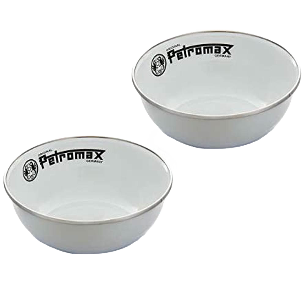 Pair of lightweight white enamel bowls with black rim and Petromax logo, featuring a durable, heat-resistant fired surface, perfect for camping, Kitchen & Food, Farm, Garden & Tool, Dinnerware, and Best Sellers collections.