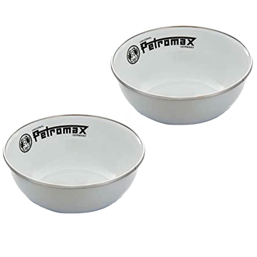 Pair of lightweight white enamel bowls with black rim and Petromax logo, featuring a durable, heat-resistant fired surface, perfect for camping, Kitchen & Food, Farm, Garden & Tool, Dinnerware, and Best Sellers collections.