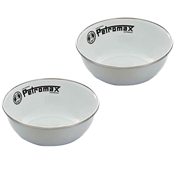 Pair of lightweight white enamel bowls with black rim and Petromax logo, featuring a durable, heat-resistant fired surface, perfect for camping, Kitchen & Food, Farm, Garden & Tool, Dinnerware, and Best Sellers collections.