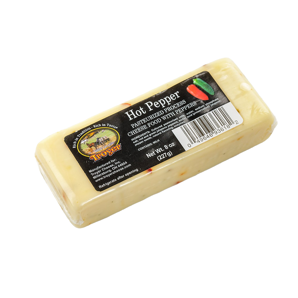 Handcrafted shelf-stable hot pepper cheese food block in an 8-ounce pack, made in USA, ideal for Kitchen & Food, Snacks and Sweets, Pantry, Best Sellers, and Promo Eligible collections.
