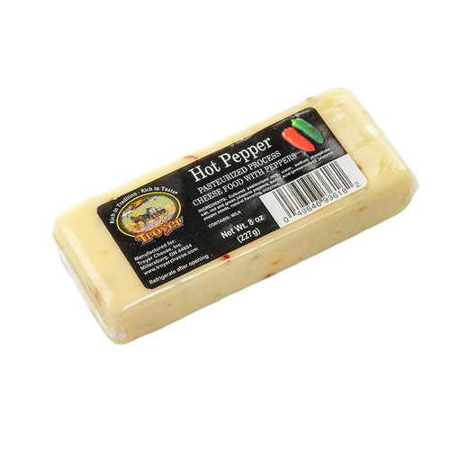 Handcrafted shelf-stable hot pepper cheese food block in an 8-ounce pack, made in USA, ideal for Kitchen & Food, Snacks and Sweets, Pantry, Best Sellers, and Promo Eligible collections.
