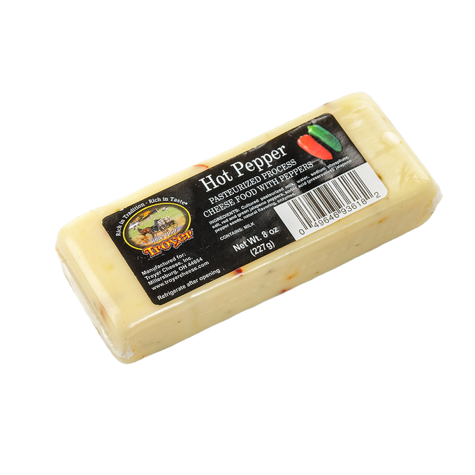 Handcrafted shelf-stable hot pepper cheese food block in an 8-ounce pack, made in USA, ideal for Kitchen & Food, Snacks and Sweets, Pantry, Best Sellers, and Promo Eligible collections.