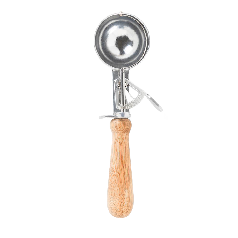 Handcrafted ice cream scoop with a smooth wooden handle and polished metal bowl, featuring an easy-release trigger, ideal for Kitchen & Food, Specialty Equipment, and Making Ice Cream collections.