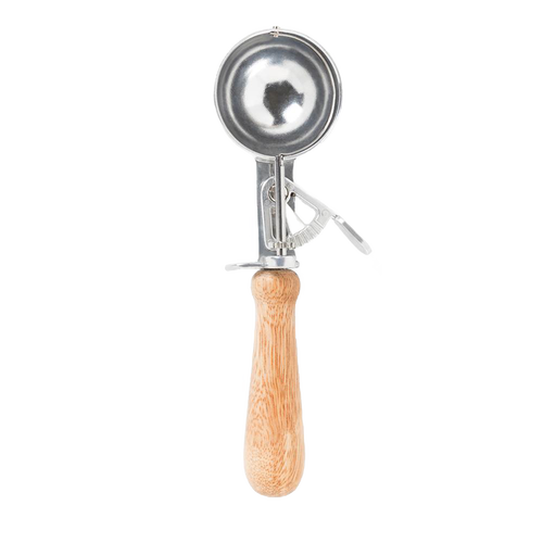 Handcrafted ice cream scoop with a smooth wooden handle and polished metal bowl, featuring an easy-release trigger, ideal for Kitchen & Food, Specialty Equipment, and Making Ice Cream collections.