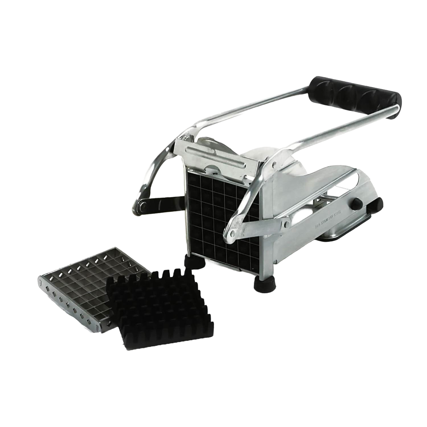 Stainless steel French fry cutter with rubberized handles and interchangeable blades, featuring a suction cup base for stable use, perfect for Kitchen & Food and Food Prep collections.