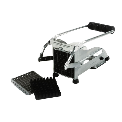 Stainless steel French fry cutter with rubberized handles and interchangeable blades, featuring a suction cup base for stable use, perfect for Kitchen & Food and Food Prep collections.