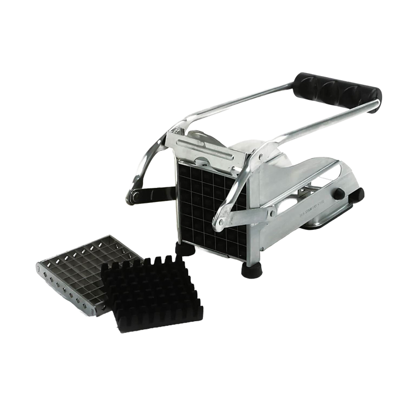 Stainless steel French fry cutter with rubberized handles and interchangeable blades, featuring a suction cup base for stable use, perfect for Kitchen & Food and Food Prep collections.