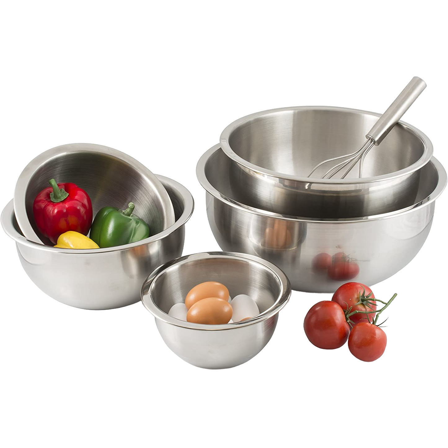 Set of four heavyweight stainless steel mixing bowls with extra-wide lips and flat bottoms, holding fresh vegetables and eggs, perfect for Kitchen & Food, Cookware, Baking Supplies, and Holiday Hosting collections.