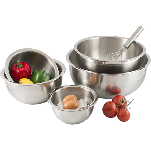 Set of four heavyweight stainless steel mixing bowls with extra-wide lips and flat bottoms, holding fresh vegetables and eggs, perfect for Kitchen & Food, Cookware, Baking Supplies, and Holiday Hosting collections.