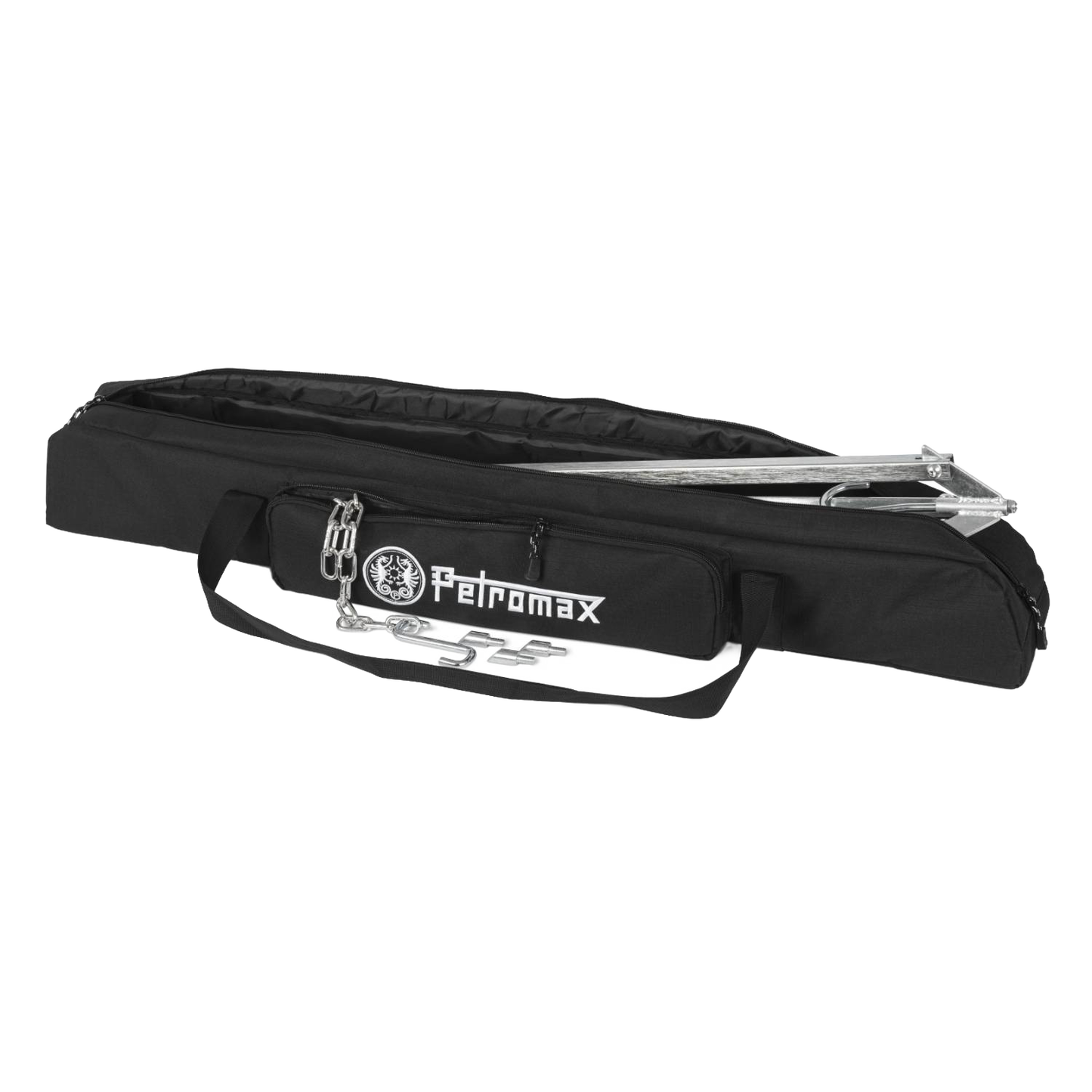 Black transport bag with zipper and handles, partially open to reveal a stainless steel cooking tripod inside, designed for outdoor camping and farm tools use, featured in Best Sellers and Promo Eligible collections.