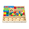 Wooden construction set featuring 48 colorful pieces including nuts, bolts, and drilled bars in a divided storage box, designed to develop fine motor skills and hand-eye coordination in indoor play.