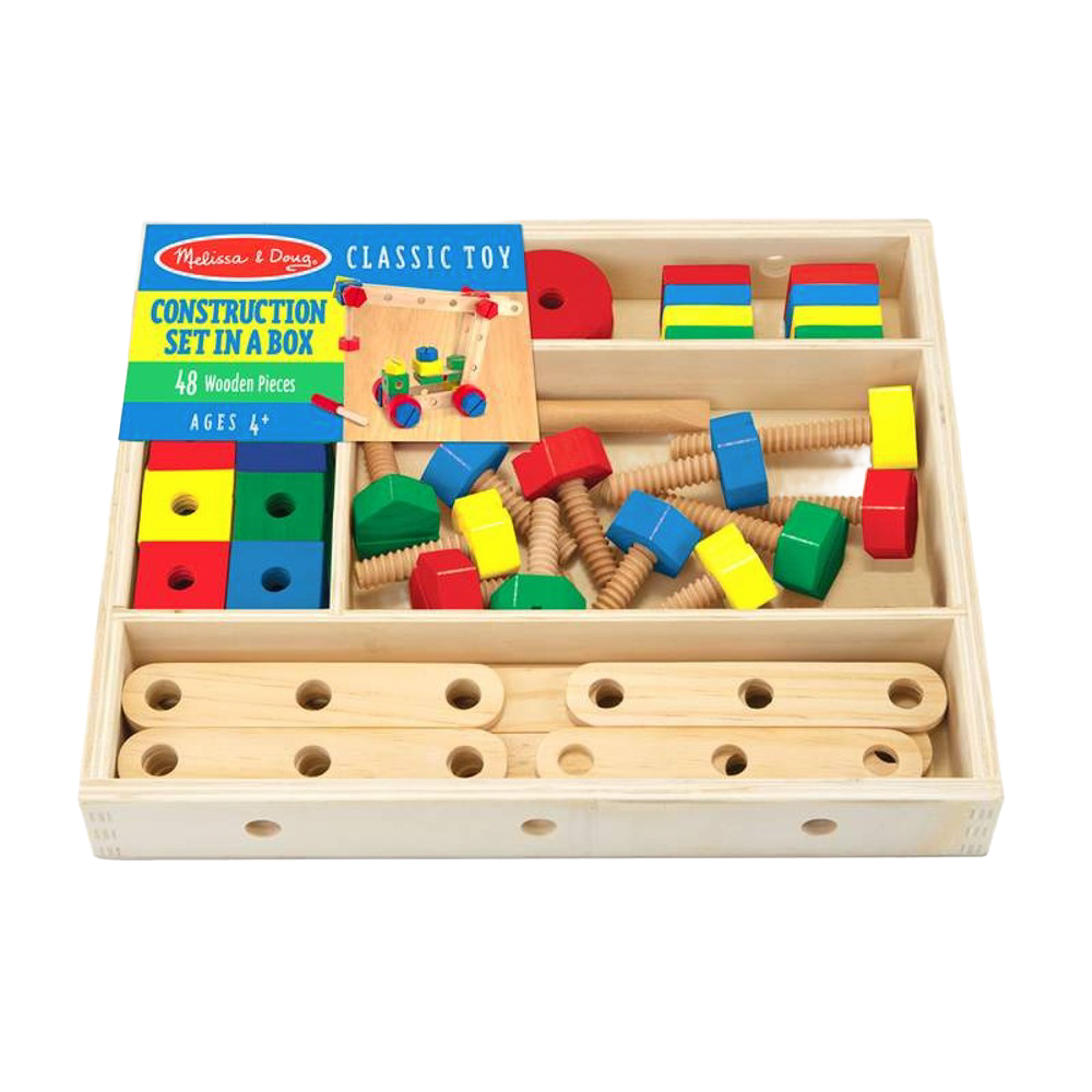 Wooden construction set featuring 48 colorful pieces including nuts, bolts, and drilled bars in a divided storage box, designed to develop fine motor skills and hand-eye coordination in indoor play.