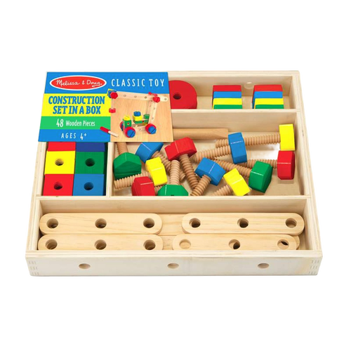 Wooden construction set featuring 48 colorful pieces including nuts, bolts, and drilled bars in a divided storage box, designed to develop fine motor skills and hand-eye coordination in indoor play.