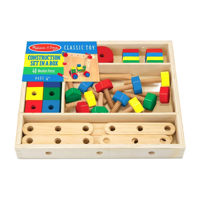 Wooden construction set featuring 48 colorful pieces including nuts, bolts, and drilled bars in a divided storage box, designed to develop fine motor skills and hand-eye coordination in indoor play.