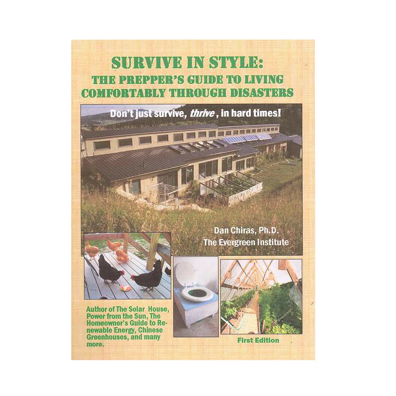 Book cover titled "Survive in Style: The Prepper's Guide to Living Comfortably Through Disasters" featuring images of solar-powered homes, chickens, eco-friendly toilets, and greenhouses, part of heritage and lifestyle books and best sellers collections.
