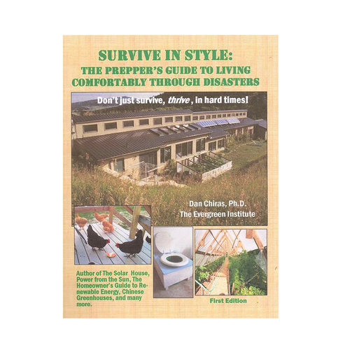 Book cover titled "Survive in Style: The Prepper's Guide to Living Comfortably Through Disasters" featuring images of solar-powered homes, chickens, eco-friendly toilets, and greenhouses, part of heritage and lifestyle books and best sellers collections.