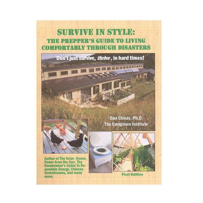 Book cover titled "Survive in Style: The Prepper's Guide to Living Comfortably Through Disasters" featuring images of solar-powered homes, chickens, eco-friendly toilets, and greenhouses, part of heritage and lifestyle books and best sellers collections.