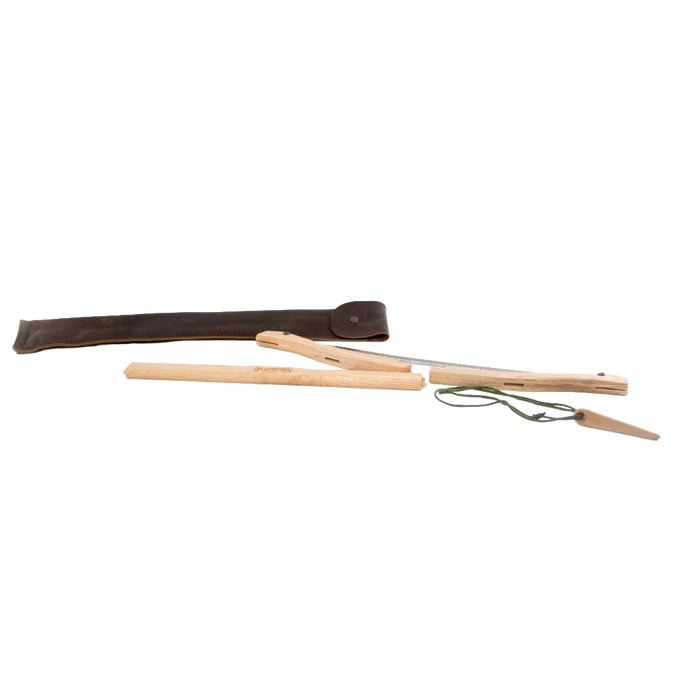 Disassembled handcrafted bow saw with a smooth wooden frame, high carbon steel blade, tensioning cord, and protective dark leather case, ideal for farm, garden & tool and wood cutting collections.