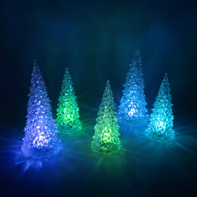 Set of five translucent acrylic Christmas trees glowing softly in changing colors of blue, green, and purple, perfect for festive holiday decor in Home & Decor collections.