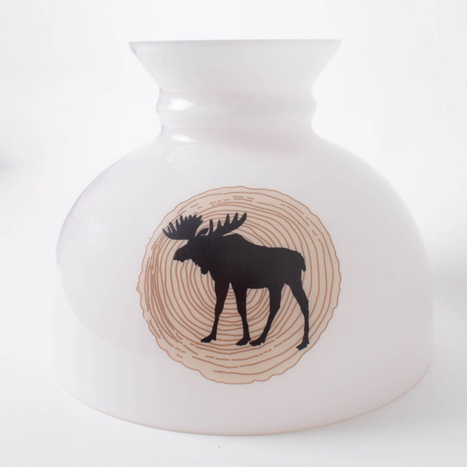 Handcrafted 10-inch glass lamp shade featuring a rustic moose silhouette over a wood grain pattern, part of the Lamps & Lighting and Lamp Shades collections.
