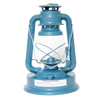 Sturdy handcrafted blue lantern with glass globe and metal frame, designed for durable use in farm, garden, camping, and emergency lighting collections.