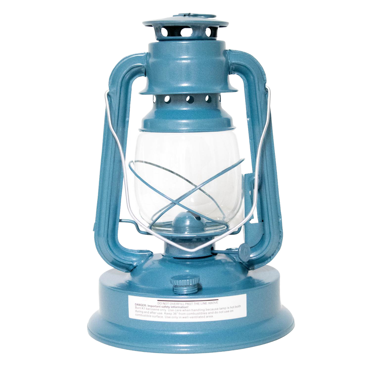 Sturdy handcrafted blue lantern with glass globe and metal frame, designed for durable use in farm, garden, camping, and emergency lighting collections.
