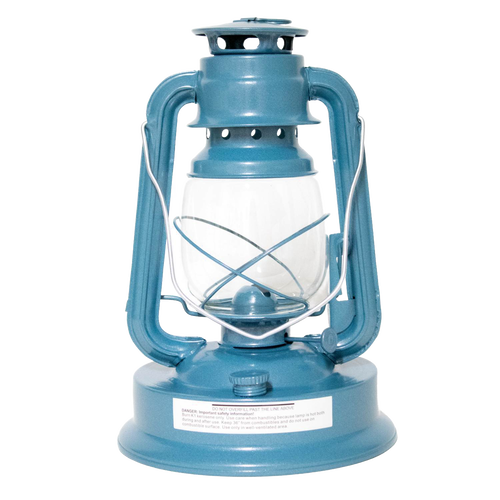 Sturdy handcrafted blue lantern with glass globe and metal frame, designed for durable use in farm, garden, camping, and emergency lighting collections.