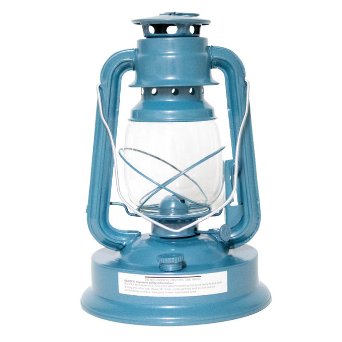 Sturdy handcrafted blue lantern with glass globe and metal frame, designed for durable use in farm, garden, camping, and emergency lighting collections.