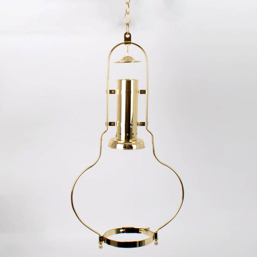 Brass hanging lamp frame designed to fit 12-inch Aladdin 210 series shades, featuring a polished finish and sturdy construction for lamps and lighting parts collections.