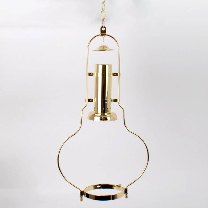 Brass hanging lamp frame designed to fit 12-inch Aladdin 210 series shades, featuring a polished finish and sturdy construction for lamps and lighting parts collections.