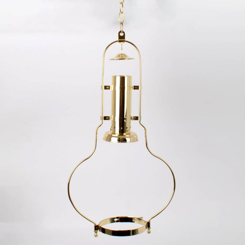 Brass hanging lamp frame designed to fit 12-inch Aladdin 210 series shades, featuring a polished finish and sturdy construction for lamps and lighting parts collections.