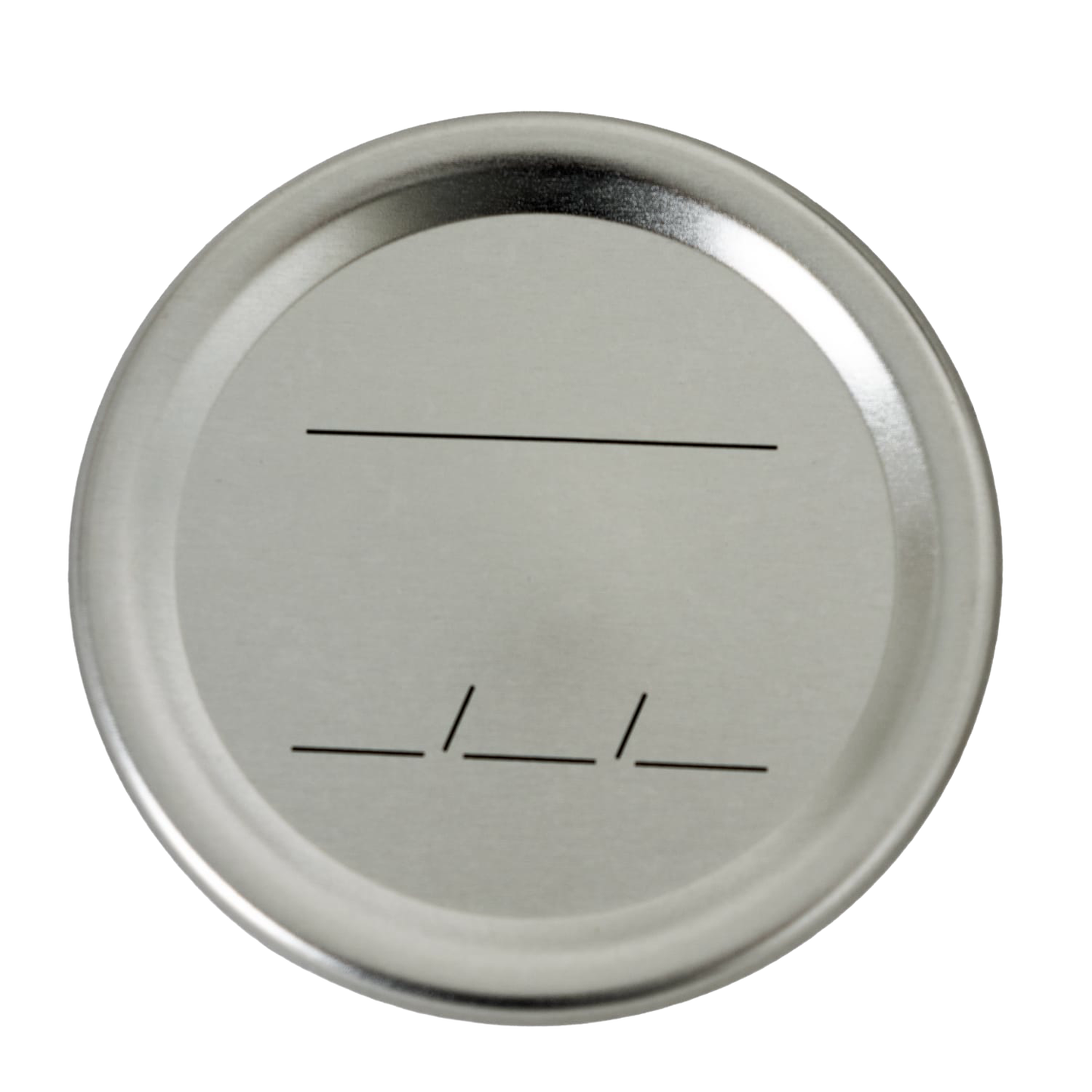 Silver-colored metal canning jar lid with simple black lines for labeling, designed for regular-mouth jars and included in Kitchen & Food and Food Preservation collections.