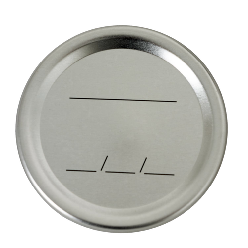 Silver-colored metal canning jar lid with simple black lines for labeling, designed for regular-mouth jars and included in Kitchen & Food and Food Preservation collections.