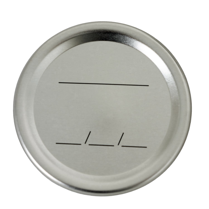 Silver-colored metal canning jar lid with simple black lines for labeling, designed for regular-mouth jars and included in Kitchen & Food and Food Preservation collections.