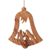 Handcrafted olive wood ornament shaped like a bell featuring a detailed Flight to Egypt silhouette, ideal for Home & Decor, Holiday Decor, Best Sellers, and Promo Eligible collections.