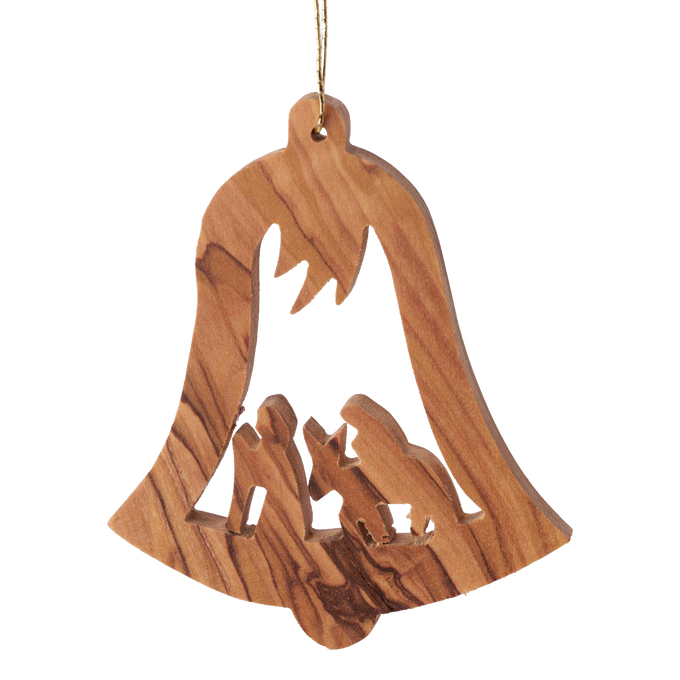 Handcrafted olive wood ornament shaped like a bell featuring a detailed Flight to Egypt silhouette, ideal for Home & Decor, Holiday Decor, Best Sellers, and Promo Eligible collections.