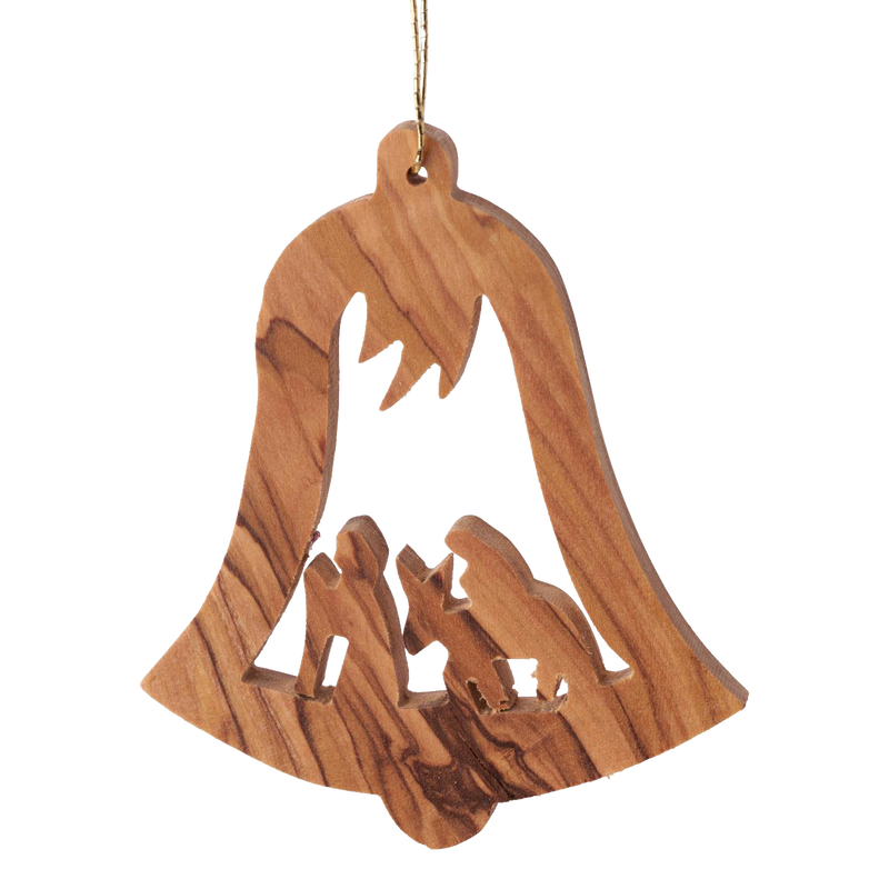 Handcrafted olive wood ornament shaped like a bell featuring a detailed Flight to Egypt silhouette, ideal for Home & Decor, Holiday Decor, Best Sellers, and Promo Eligible collections.