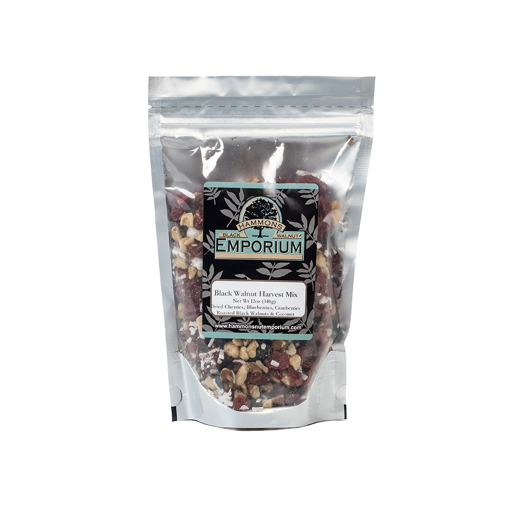 Resealable bag of Black Walnut Harvest Mix featuring roasted black walnuts, dried cherries, blueberries, cranberries, and coconut, a protein-rich snack ideal for Kitchen & Food, Snacks and Sweets, and USA Made collections.