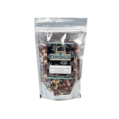 Resealable bag of Black Walnut Harvest Mix featuring roasted black walnuts, dried cherries, blueberries, cranberries, and coconut, a protein-rich snack ideal for Kitchen & Food, Snacks and Sweets, and USA Made collections.