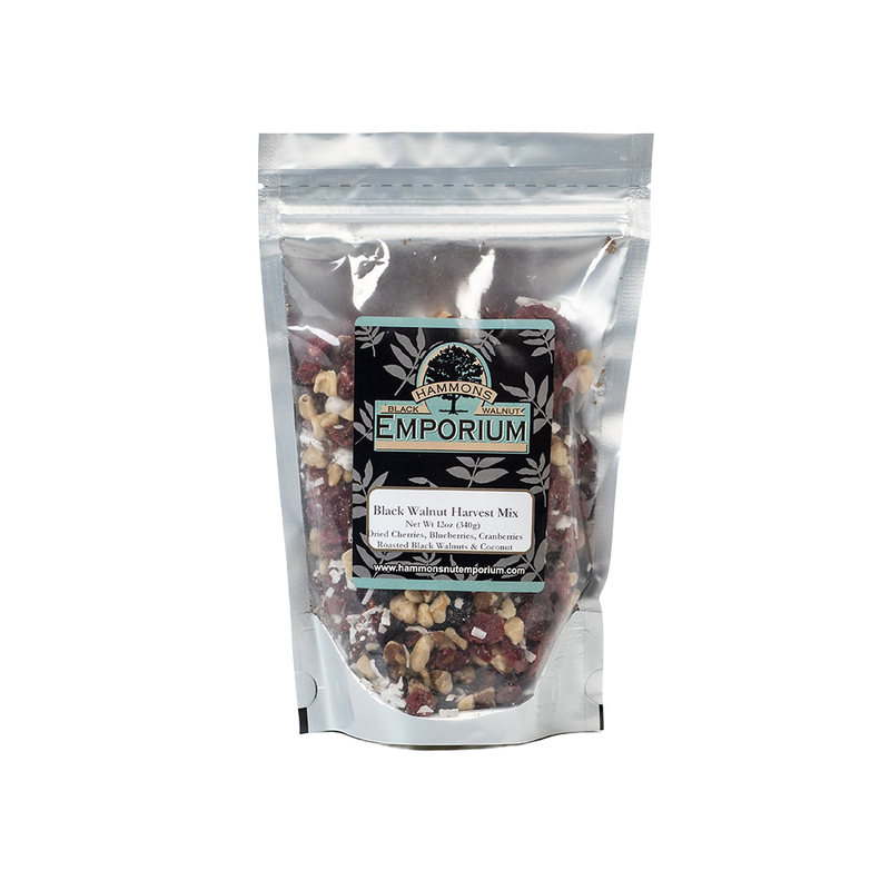 Resealable bag of Black Walnut Harvest Mix featuring roasted black walnuts, dried cherries, blueberries, cranberries, and coconut, a protein-rich snack ideal for Kitchen & Food, Snacks and Sweets, and USA Made collections.